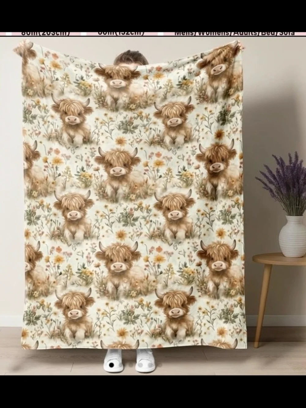 Plush Highland Cow & Wildflower Throw Blanket - Cream, Brown, Green